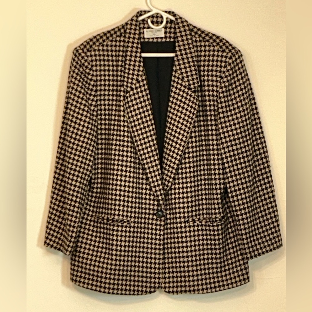 Alfred Dunner Women Black White Houndstooth Wool Blazer 16 P Made in USA VTG